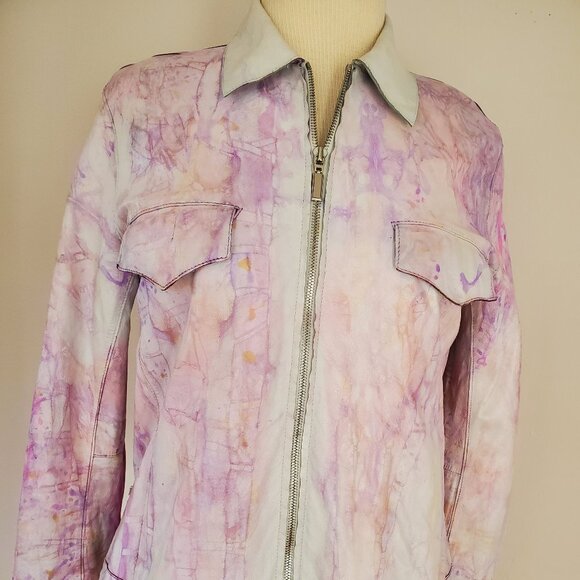 Donna Karan leather jacket white Purple Pink blue rainbow dyed med large 8 10 12